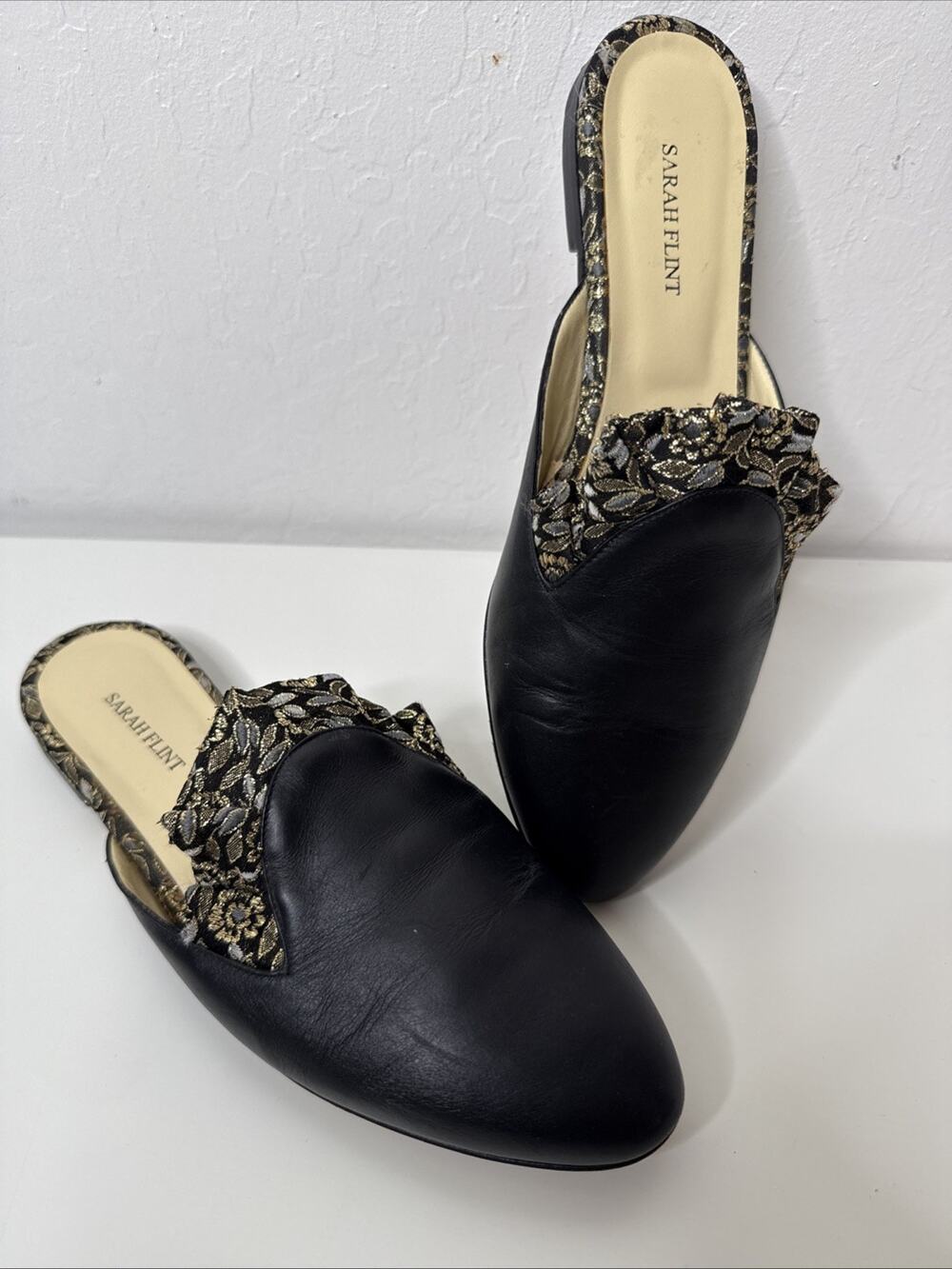 Sarah Flint Size 39 US 8.5 Still Life Slides Flats Black Brocade Leather Mules